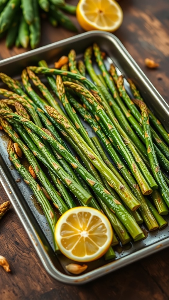 Oven-roasted asparagus on a wooden table with lemon wedges.